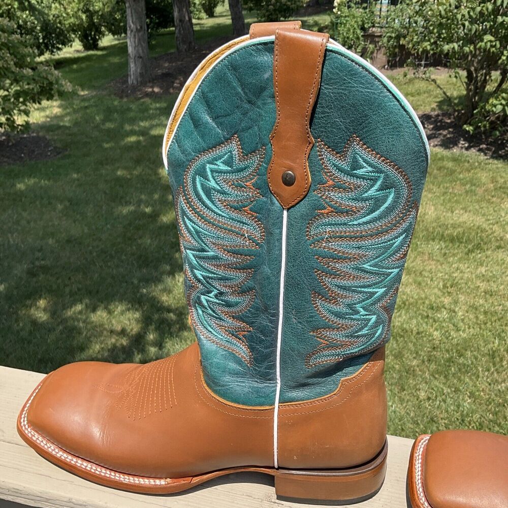 Alfa Western Wear Men's Cowboy Boots Square Toe‎ Blue Green Leather Sz 12 Mexico